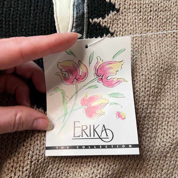 Erika VTG 80s Rockabilly Sweater NEW sz M Abstract Black Knit Preppy Winter Fall - Picture 4 of 9